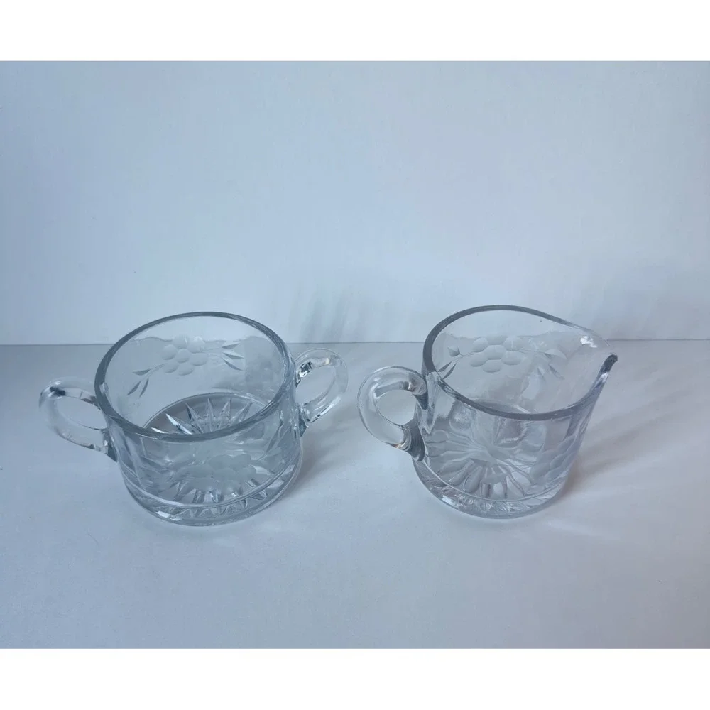 Vintage Clear Etched Glass Cream and Sugar Set Frosted Grape Starburst Base